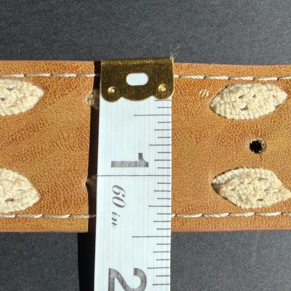 Boho Tan Faux Leather Crochet Polka Dot Wide Belt Brass Buckle Brown Cream